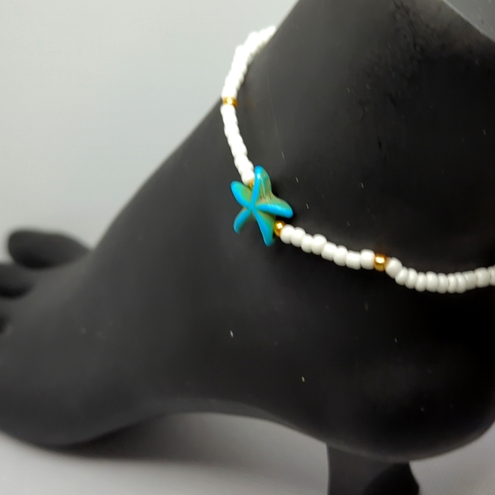 Starfish Anklet White Handmade Beaded Anklet Bracelet With Turquoise 8 1/2" NWT